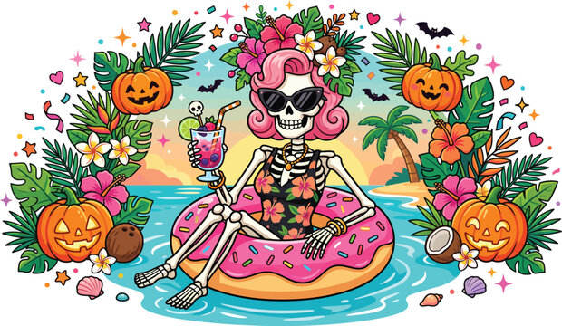 A festive skeleton wearing sunglasses and a flower crown relaxing on a pink donut pool float surrounded by tropical pumpkins