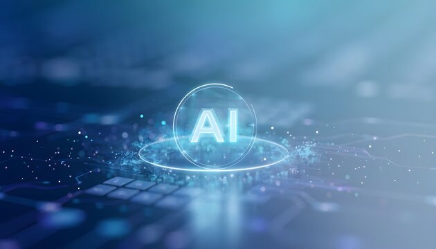 Artificial intelligence hologram shining on futuristic tech circuit. Smart automation and advanced algorithm. Digital network processing deep learning data