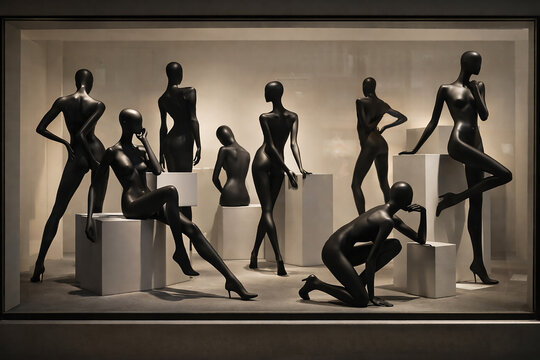 Black female mannequins in elegant poses displayed in modern fashion store showcase window.