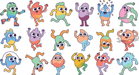 Fototapeta premium Set of colorful cartoon characters in various funny poses and expressive actions isolated on a white background for design projects