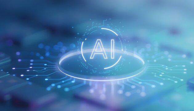 Circular AI glowing icon on printed circuit board. Neural networks and digital hardware interface. Electronic pathway carrying energy data to central processor unit