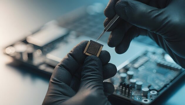Professional technician fingers placing microchip component on board. Device fabrication and microelectronics engineering. Worker using precision tool on delicate hardware circuit