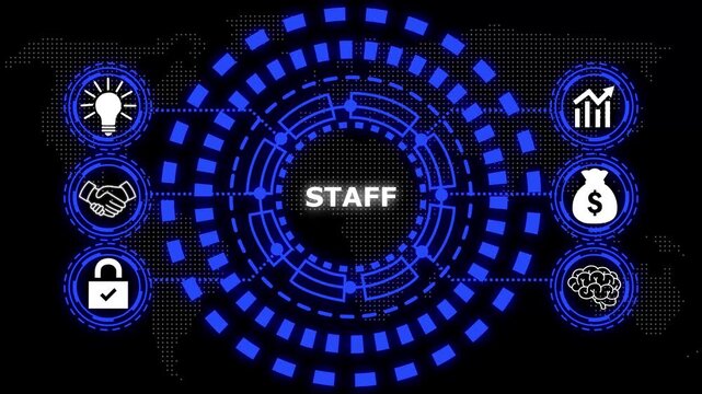 A glowing blue circular diagram with the word api in the center and six surrounding icons representing business concepts.