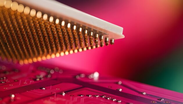 Edge view of golden processor array pins. High performance hardware and hardware component testing. Computer CPU chip mounting onto a pink electronic motherboard surface