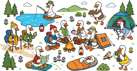 Naklejka premium A whimsical cartoon illustration featuring a group of cute ducks enjoying various outdoor camping activities in a forest setting
