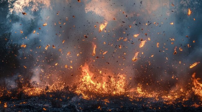 Raging wildfire consuming dry brush with towering flames, flying embers and thick smoke &mdash; a fierce, chaotic scene of heat, destruction and danger