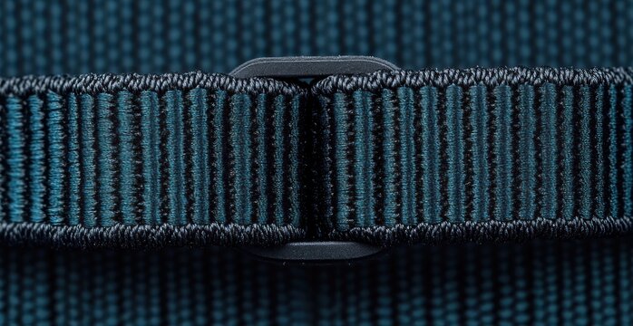 Macro view of teal ribbed nylon strap threaded through a black plastic buckle, tight stitching and a secure utilitarian feel