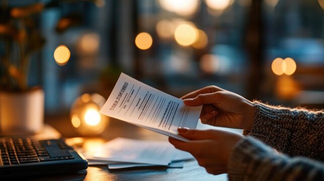 hands in sweater sleeves holding a printed document over a desk with keyboard and warm bokeh lights, cozy evening atmosphere conveying focus and quiet contemplation