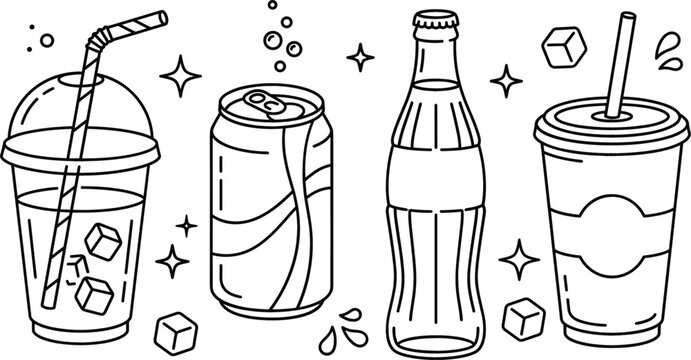 Soft drink and soda doodle vector set with beverage can glass bottle plastic cup straw ice cubes icons