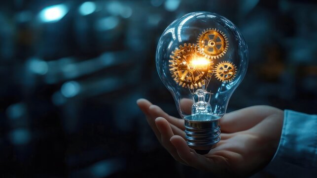 hand holding a glowing glass light bulb with golden mechanical gears inside, evoking innovation, curiosity, and creative inspiration