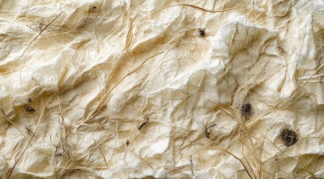 crinkled handmade paper sheet with long straw fibers and dark fiber knots, natural earthy texture evoking warm organic calm