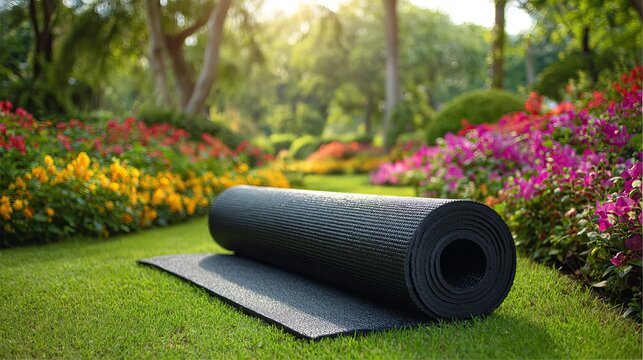 A rolled black rubber yoga mat lies on the vibrant green grass within a beautiful sunny public floral garden park
