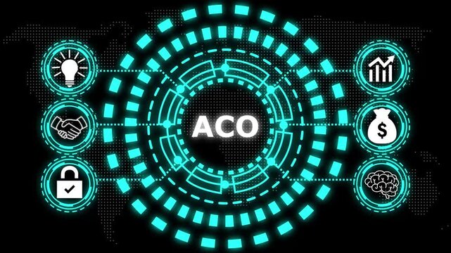 A glowing circular diagram with the word aco in the center and six surrounding icons representing business concepts.