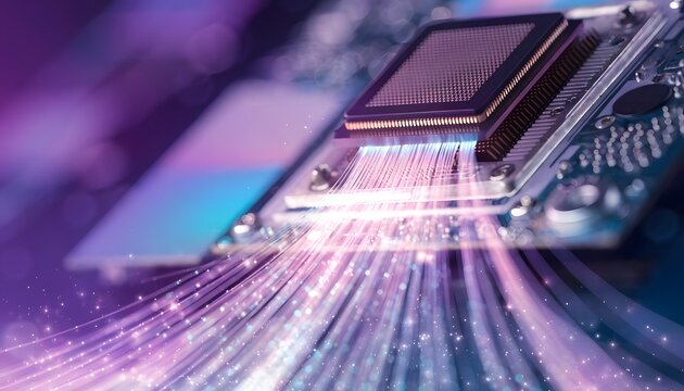 Glowing fiber optic light data transmission from a microchip. High-speed network connectivity and cloud infrastructure. Abstract data streams rushing from a central processor unit