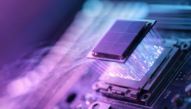 Data center microchip transferring bright data through optical fibers. Quantum computing and server hardware efficiency. Illumination from an active processor handling secure digital traffic