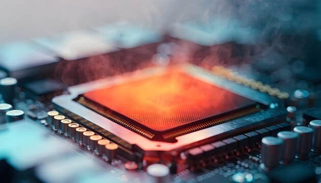 Glowing hot semiconductor microchip smoking inside a PC. Extreme computing performance and cooling solution necessity. Close-up view of an orange glowing hardware part under intense pressure