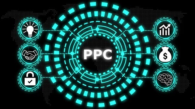 A glowing circular diagram with the word ppc in the center and six surrounding icons representing business concepts.
