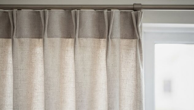 Close medium shot featuring pinch pleat curtain header style emphasizing stitched pleats adding classic structure and tailored appearance to window treatments.