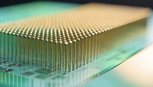 Gold pin grid array on semiconductor microprocessor. Advanced hardware and electronic components. Macro view of central processing unit pins on green circuit board