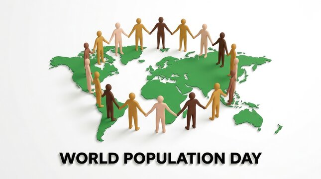 Diverse line of global citizens standing on world map contour outline for international world population day banner design
