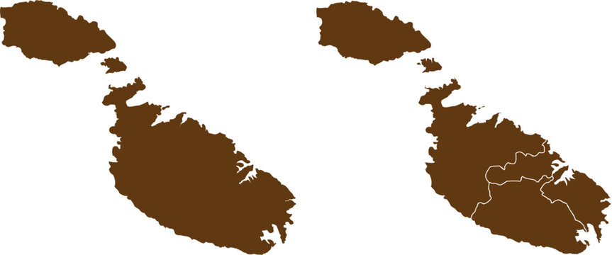 Malta map silhouette in brown showing island outline with regional divisions