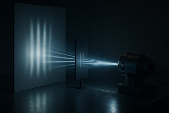Light diffraction experiment with monochromatic beam passing through a double slit to create an interference pattern on a projection screen in a dark laboratory.