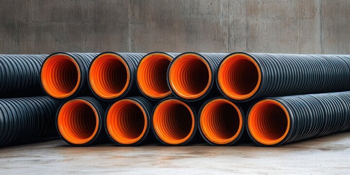 stacked black corrugated plastic pipes with bright orange interiors on concrete floor against concrete wall, orderly industrial arrangement