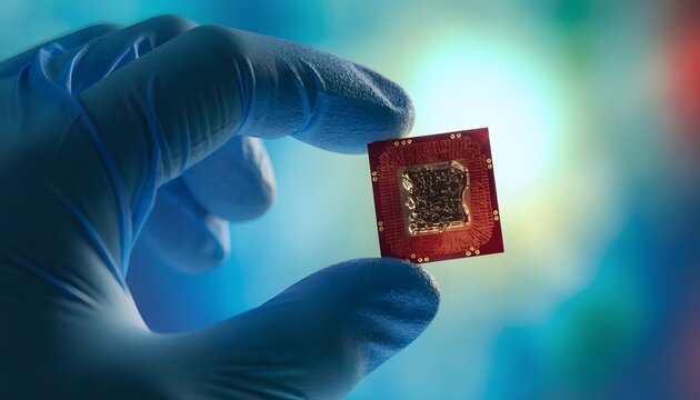 Semiconductor microchip held up close. Tech manufacturing and quality inspection needs. Hand wearing blue laboratory glove holding a silicon processor