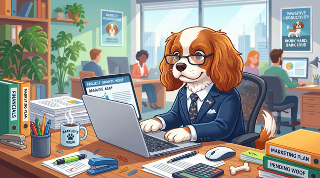 Professional Cavalier King Charles Spaniel in business suit working on laptop in busy modern office setting