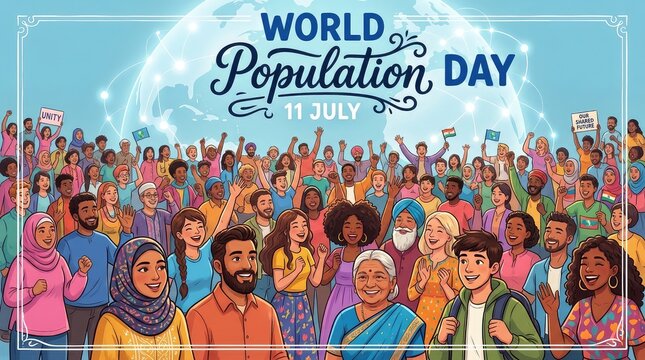 Massive dense public crowd packed in a square illustration for global demographic awareness world population day theme banner