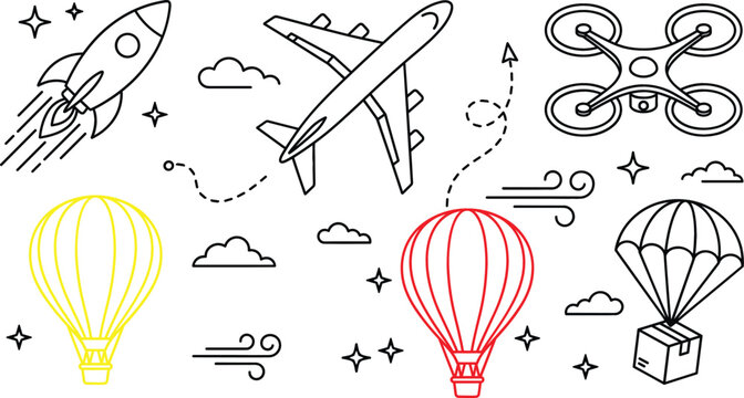 Aviation and aerospace doodle vector set with rocket airplane drone hot air balloons and parachute delivery package icons