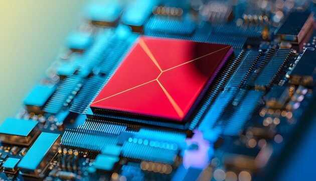 Modern computer central processing unit on motherboard. Hardware technology and microprocessor engineering. Red CPU glowing on blue circuit board with metallic contacts