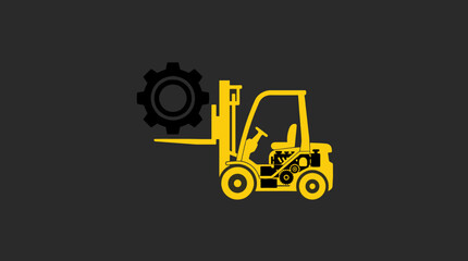 Naklejka premium Yellow forklift icon lifting a gear for industrial logistics.