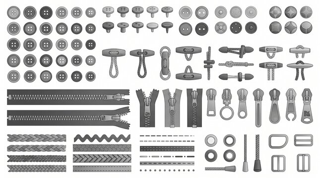 Sewing Accessories Vector Set: Buttons, Zippers, Buckles and Toggles in Grayscale