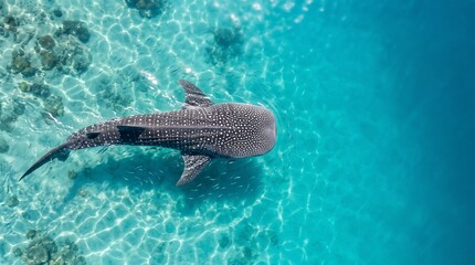 Fototapeta premium Aerial view of a whale shark swimming in clear turquoise water