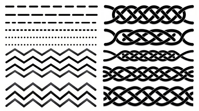 Set of Decorative Borders, Dotted Lines, Zigzags and Interlaced Celtic Knot Brushes