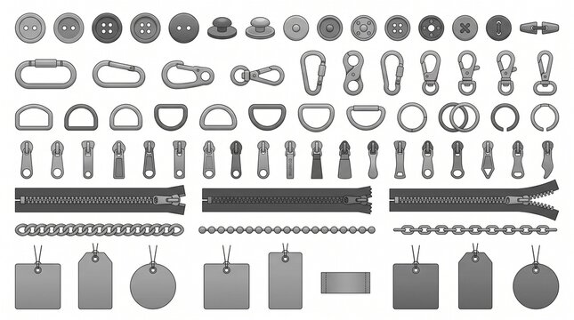 Sewing and Garment Accessories Vector Set: Buttons, Zippers, Clasps, and Tags