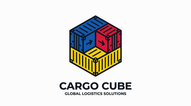 Isometric shipping container logo for global logistics solutions.