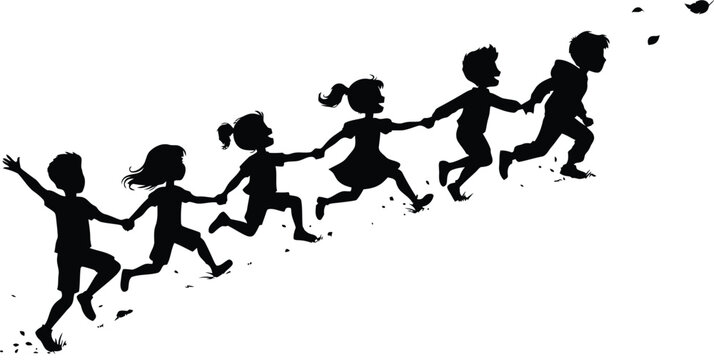 Silhouettes of children holding hands walking up a hill on a transparent background.