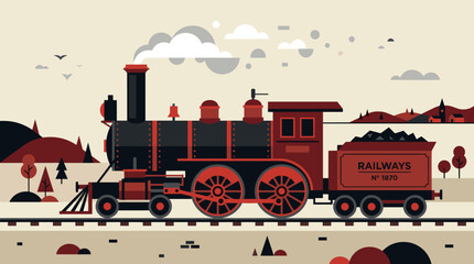 Vintage steam locomotive train on tracks in landscape. © Joan
