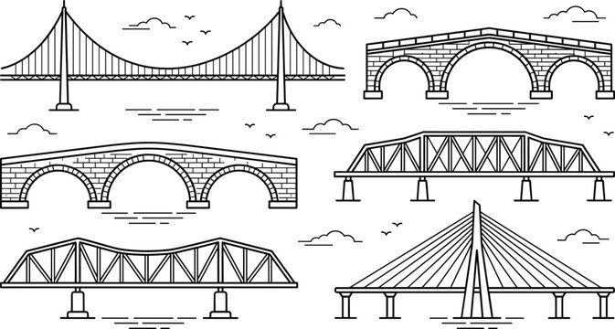 Bridge types doodle vector set with suspension stone arch truss cabled stayed structure over river line art icons