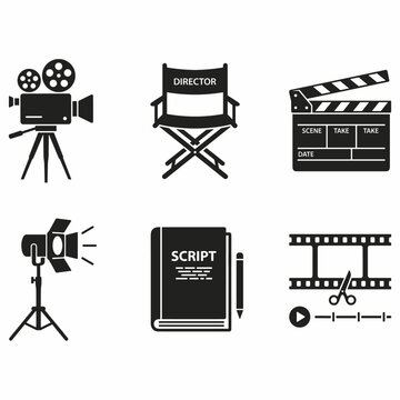 A collection of six black and white icons representing various aspects of filmmaking, including a vintage camera, director's chair, clapperboard, spotlight, script, and film editing tools.