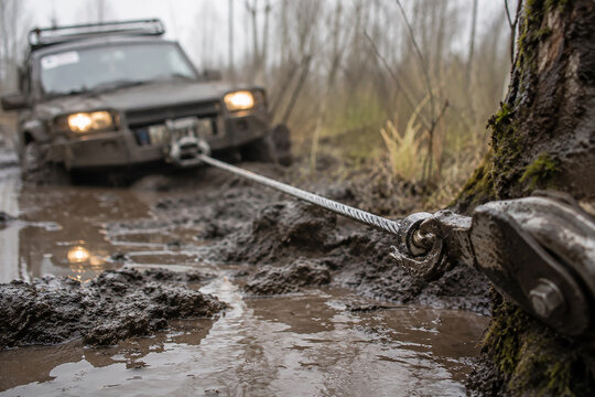 Off-road vehicle stuck in mud being pulled by a winch cable attached to a tree on offroad background.