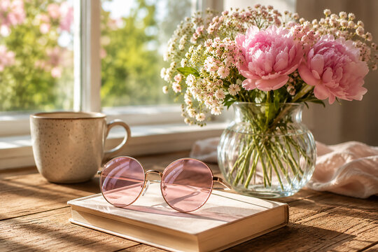 Pink peony bouquet in glass vase with book, sunglasses and cup on wooden table near window background.