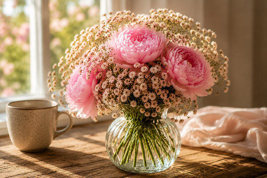 Pink peony bouquet in glass vase on wooden table near window with cup on cozy home background.