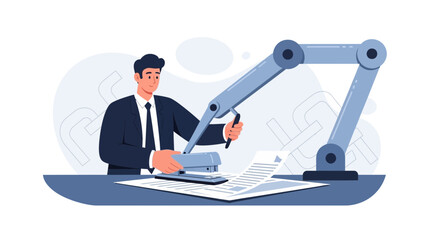 Fototapeta premium Businessman assisted by robotic arm for office tasks, efficiency and automation concept