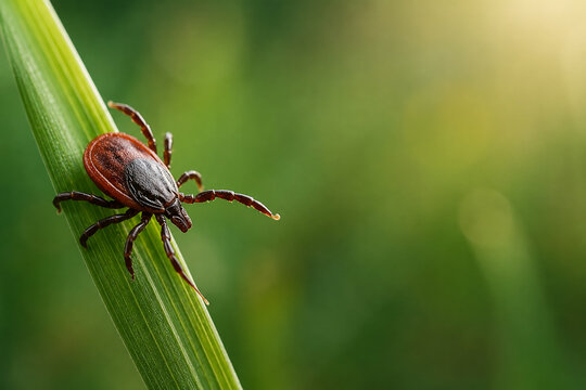 Tick close up on green leaf with copy space on nature background.