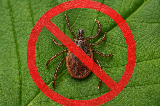 Tick warning sign on green leaf macro background.