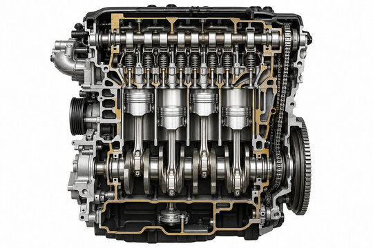 Car engine cutaway cross section isolated on white background.