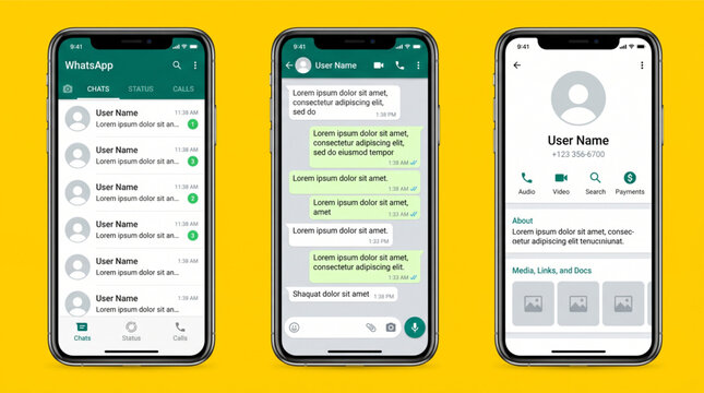 Messaging app interface mockup featuring chat list, conversation view, and user profile screens, including status, calls, and message bubbles on modern smartphone display. Social media UI kit.